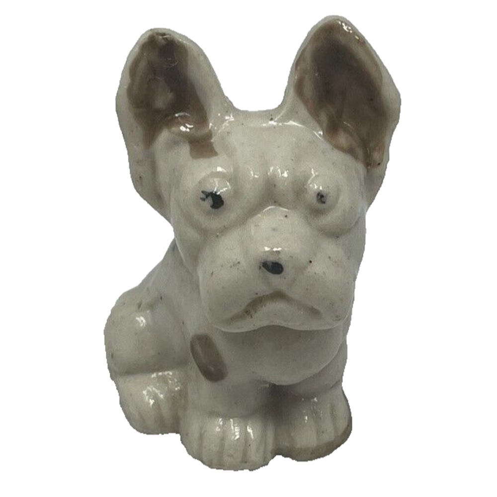 French Bulldog Puppy Dog JAPAN Porcelain Figurine Vintage 2" Tall Frenchie Frown